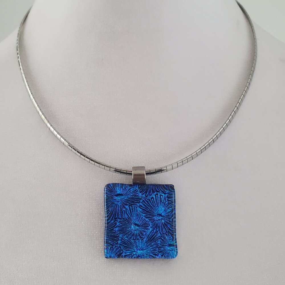 Blue Fused Glass Square Dichroic Pendant Necklace Electric Blue Violet Hues
